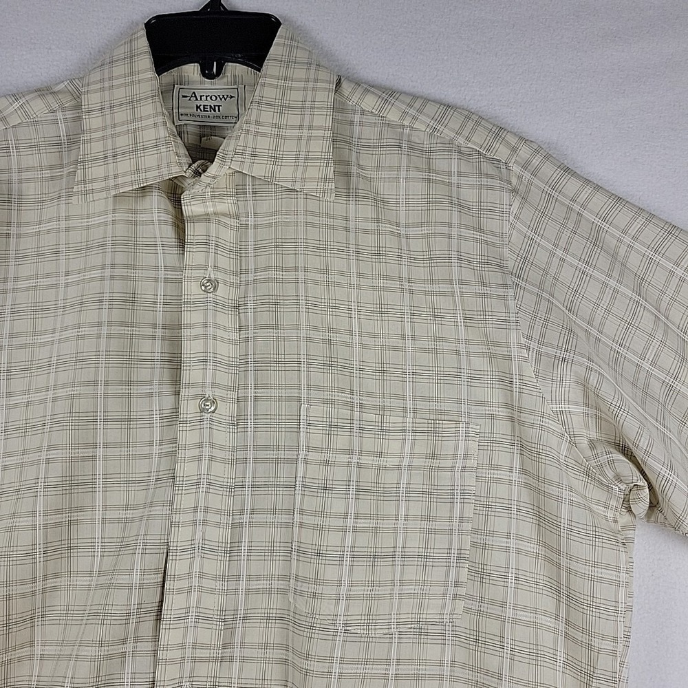 Vtg Arrow Kent Shirt‎ Mens 16 / 32 Poly / Cotton Beige Plaid Dagger Collar